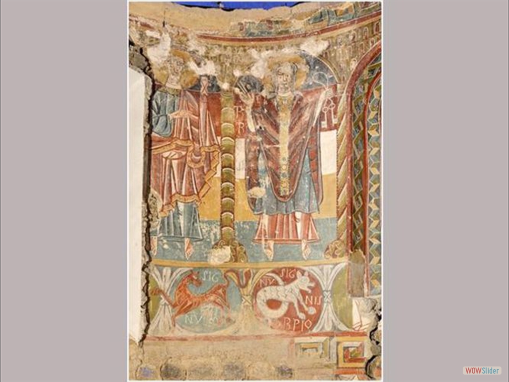 Dos de los apóstoles pintados en el ábside de la iglesia de Ourjout de Les Bordes-sur-Lez, al sur de Francia. El de la izquierda no ha podido ser identificada, mientras que el de la derecha es san Pedro, con las llaves en la mano. Debajo se puede ver la imagen del león y la del signo de cáncer, dentro de dos medallones.