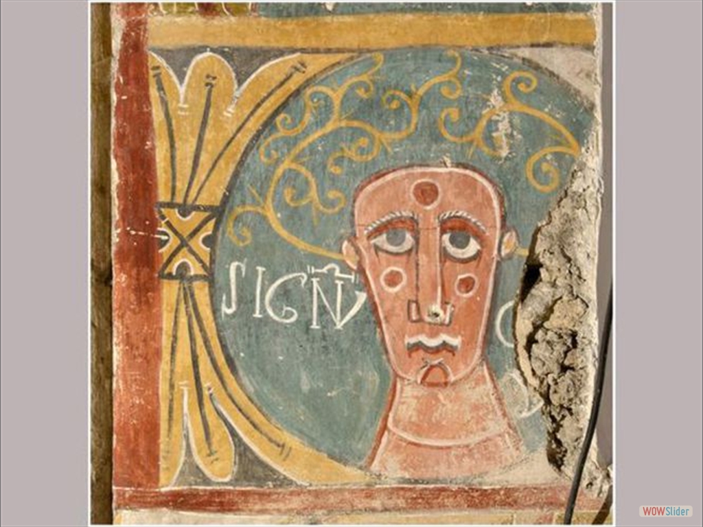 Uno de los signos del zodiaco que aparecen representados en las pinturas románicas recién descubiertas bajo un retablo del siglo XVIII en la iglesia de Ourjout de Les Bordes-sur-Lez, al sur de Francia. Se trata de Capricornio, que aparece dentro de un medallón circular y lo representa un rostro de mujer.