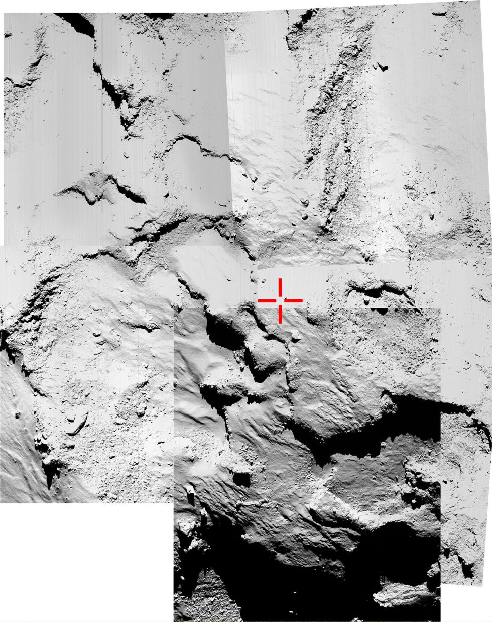 Un montaje realizado a partir de cinco fotos con el mismo propósitos de mostrar el lugar en el que está 'Philae'.